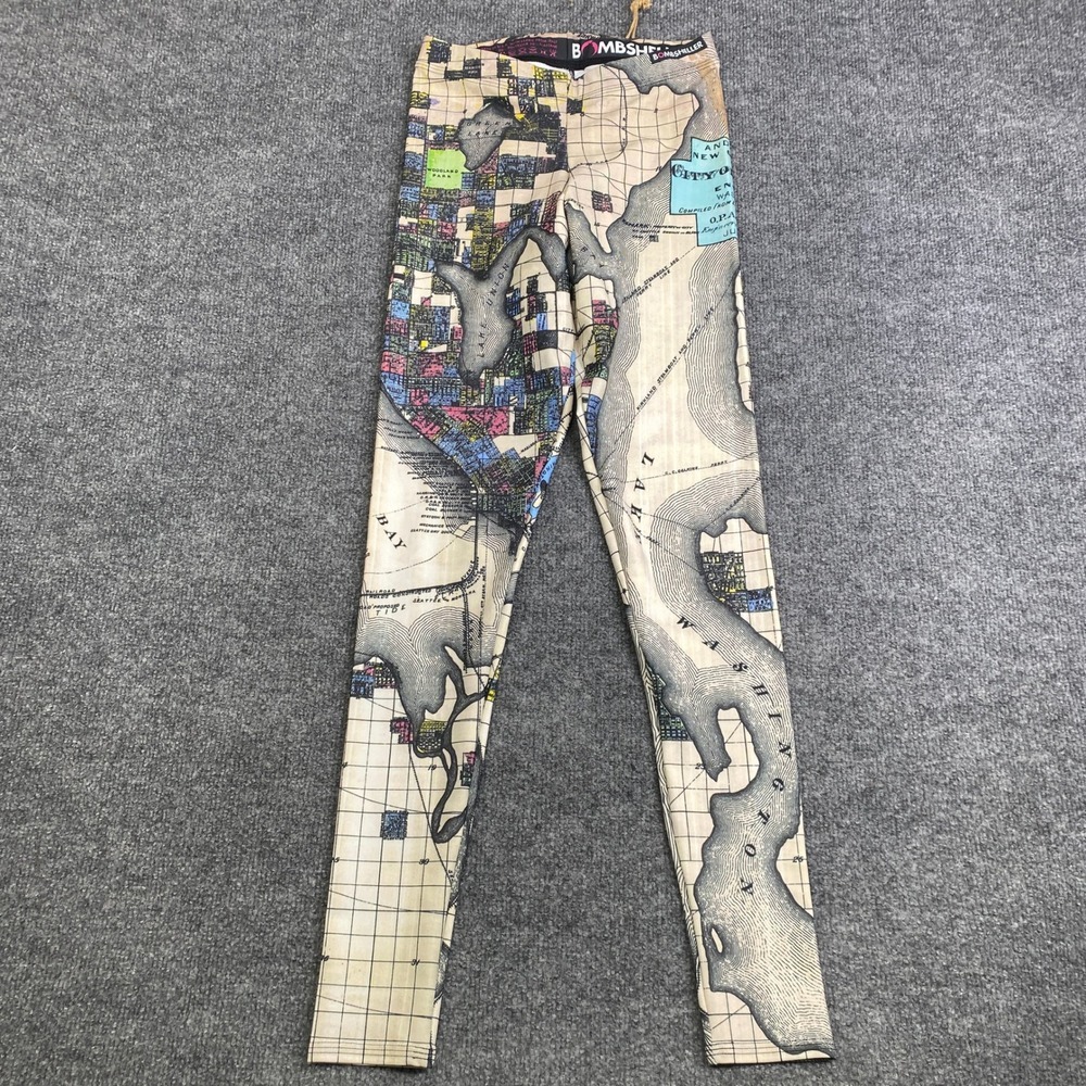 Bombsheller Seattle Map Leggings Womens Small Blue Yellow Lake Washington Tights